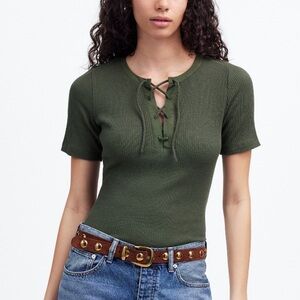 Madewell Green Ribbed Lace-Up Short-Sleeve Tee